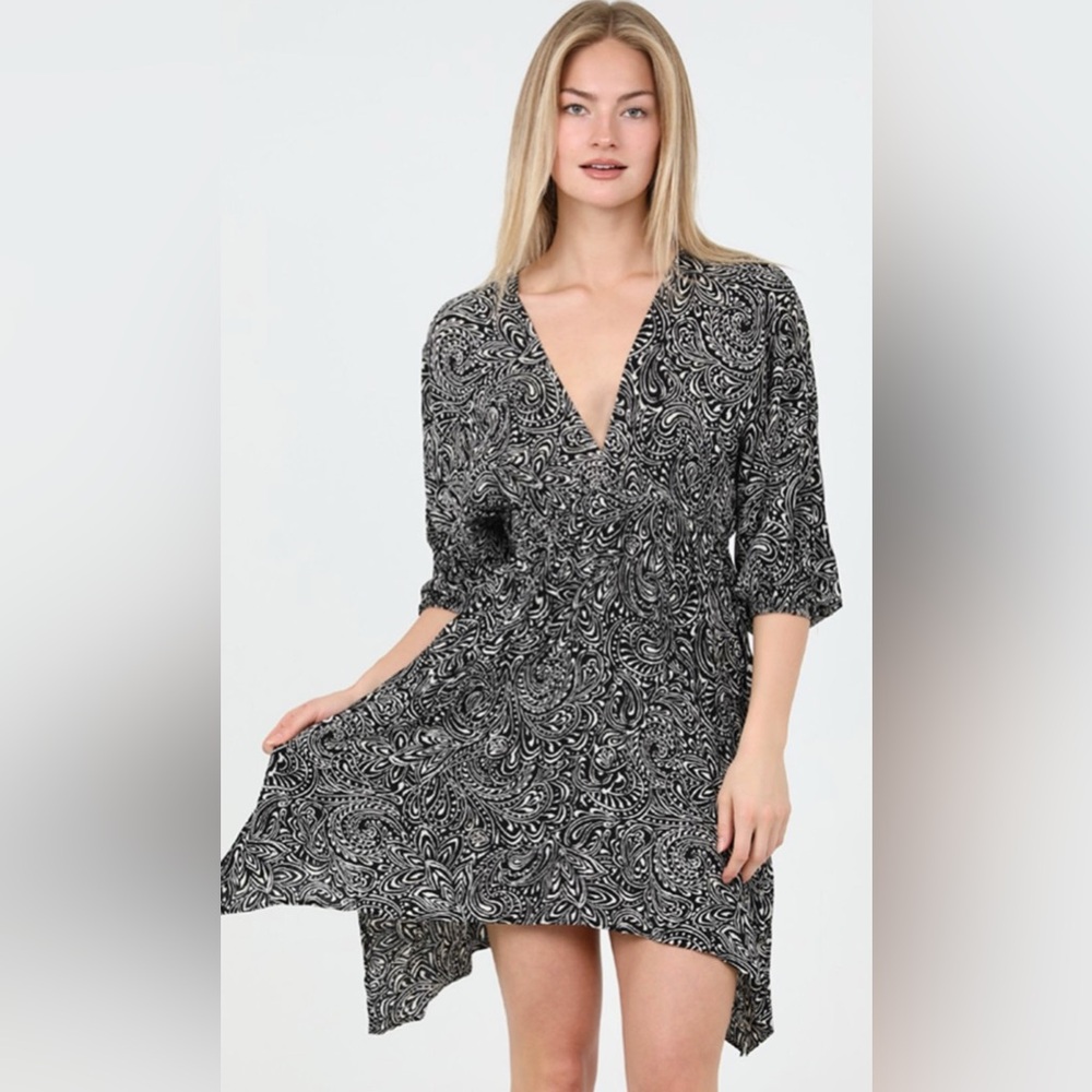 Andral Boho Paisley Print Smocked Hanky Hem Mini Dress